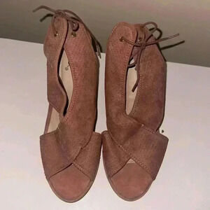 Qupid Tan Faux Suede Open Toe Studded Platform
